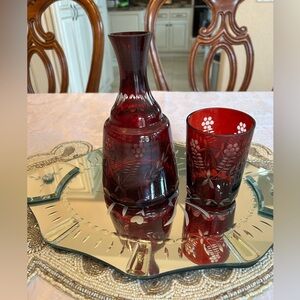 Elegant Vintage Bohemian Red Lead Crystal Cut to Clear Carafe and Tumbler